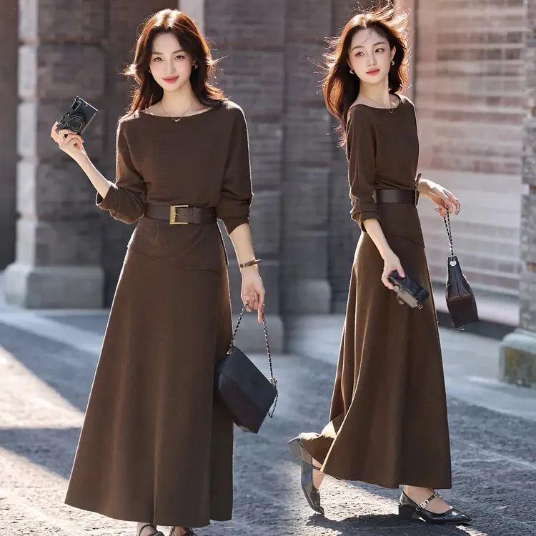 复古时尚套装裙女2025年秋季新款高级感收腰系带显瘦半身裙两件套