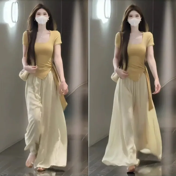 夏日绝美穿搭一整套气质不规则绑带短袖上衣垂感阔腿裤两件套装女