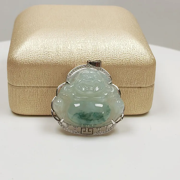 缅甸天然翡翠飘花佛公吊坠女士弥勒佛糯冰种肚里藏金时尚镶嵌挂件