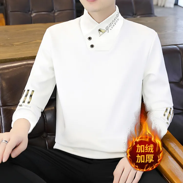 V领卫衣男士加绒加厚欧版一体绒套头打底衫男装保暖时尚套装男士