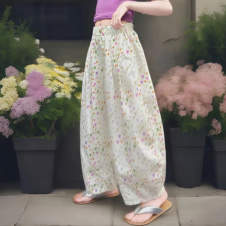 女童爱心弯刀裤夏季2025新款儿童宽松裤子夏装女孩薄款阔腿裤洋气
