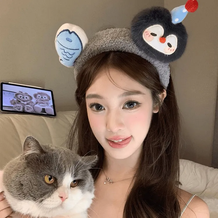 创意企鹅小鱼可爱萌趣毛绒卡通头饰少女拍照发卡洗脸发箍发箍洗脸
