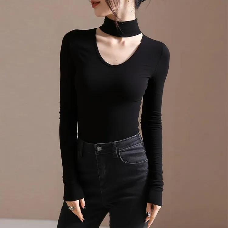 2025春秋冬新款T恤挂脖半高领打底衫镂空时尚修身长袖显瘦上衣女
