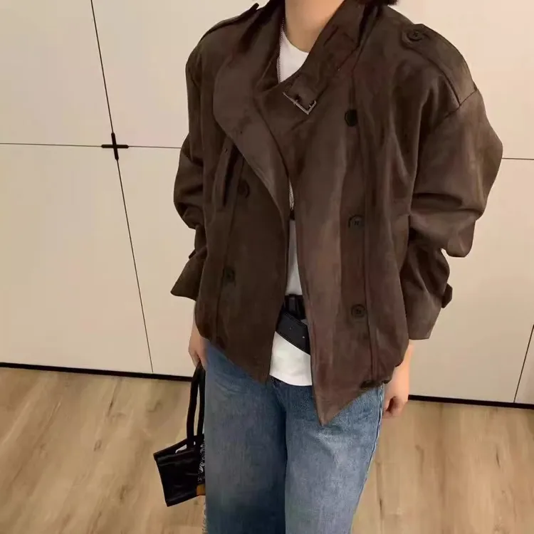 美式复古麂皮绒风衣短外套欧货2025秋季新款时尚休闲宽松夹克上衣