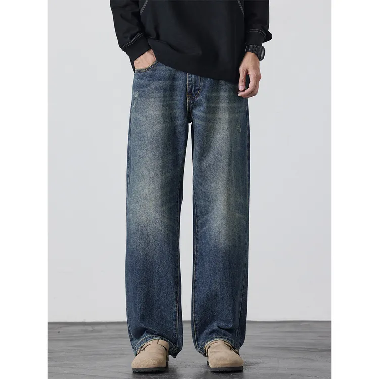 Kuvine2025秋冬美式复古潮流宽松直筒百搭水洗刮烂百搭男士牛仔裤