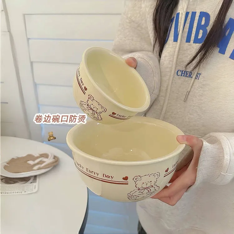 可爱小熊陶瓷碗特别好看的饭碗家用奶油风餐具套装米饭碗小碗汤碗