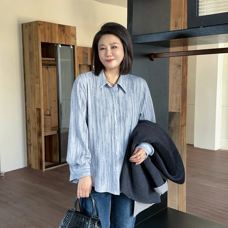 微胖女装【旧情书】晕染竖条衬衫百搭氛围感韩版衬衣上衣20852