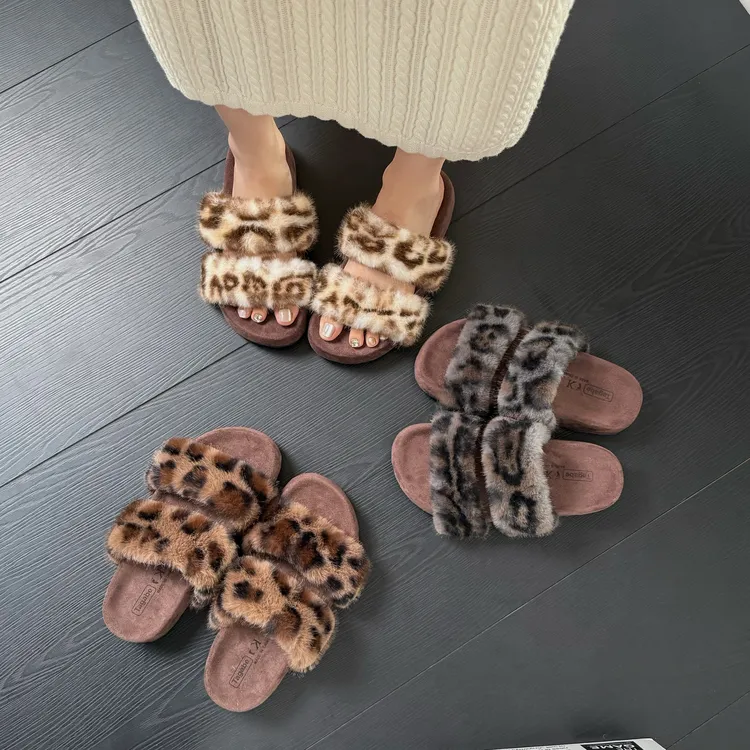 Tagabe厚底豹纹毛毛拖鞋女外穿2025新款秋冬时尚一字双带拖鞋女