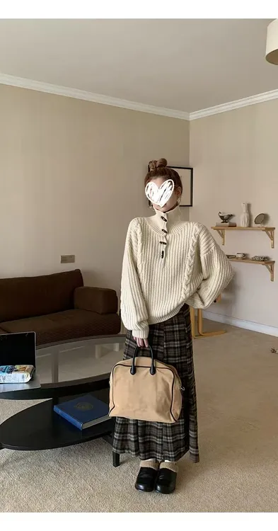 甜粿妹妹 麻花针织毛衣套头纽扣高领2way休闲韩系上衣女