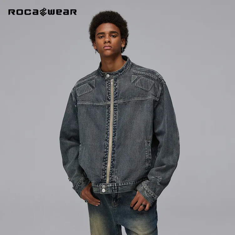 【金珉奎同款】Rocawear明星同款水洗做旧牛仔外套高街浮雕机甲夹克