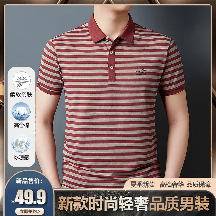 夏季条纹t恤男款爆款2025新款男士短袖POLO衫中老年男装爸爸装男