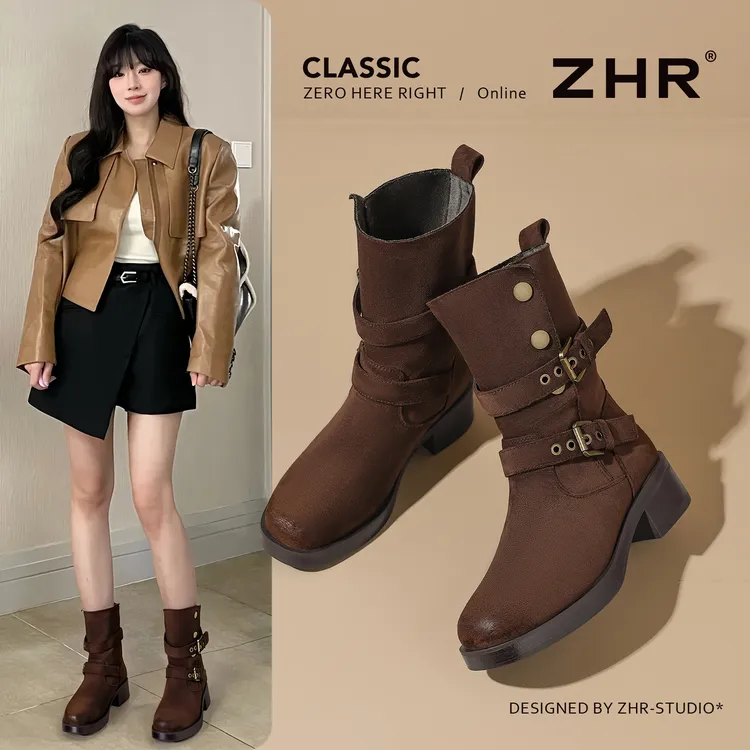 ZHR复古堆堆靴短靴女2025秋冬新款加绒粗跟厚底西部靴绒面中筒靴