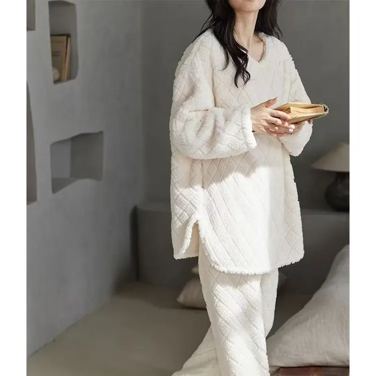 珊瑚绒睡衣女冬季2025年新款加绒加厚简约套头可外穿家居服套装女