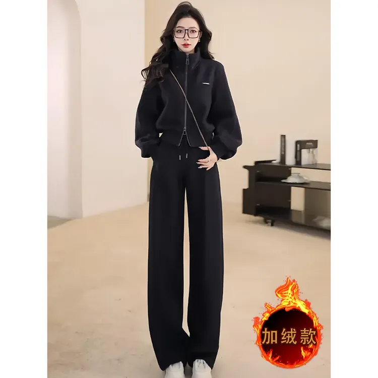 爆款黑色休闲运动套装女秋冬显瘦小个子加绒外套上衣阔腿裤两件套