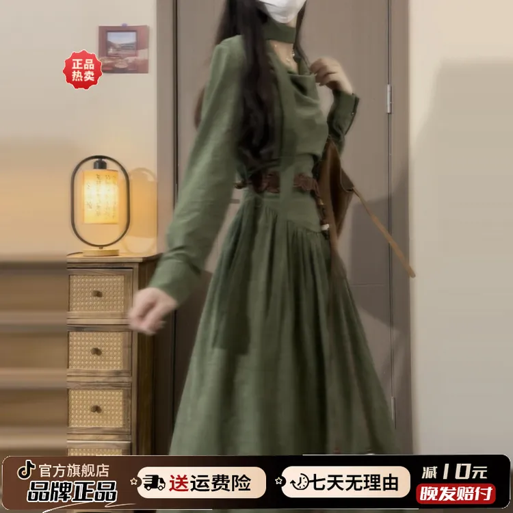 法式小个子绝美巨好看绿色长袖连衣裙子女2025新款早秋季穿搭长裙