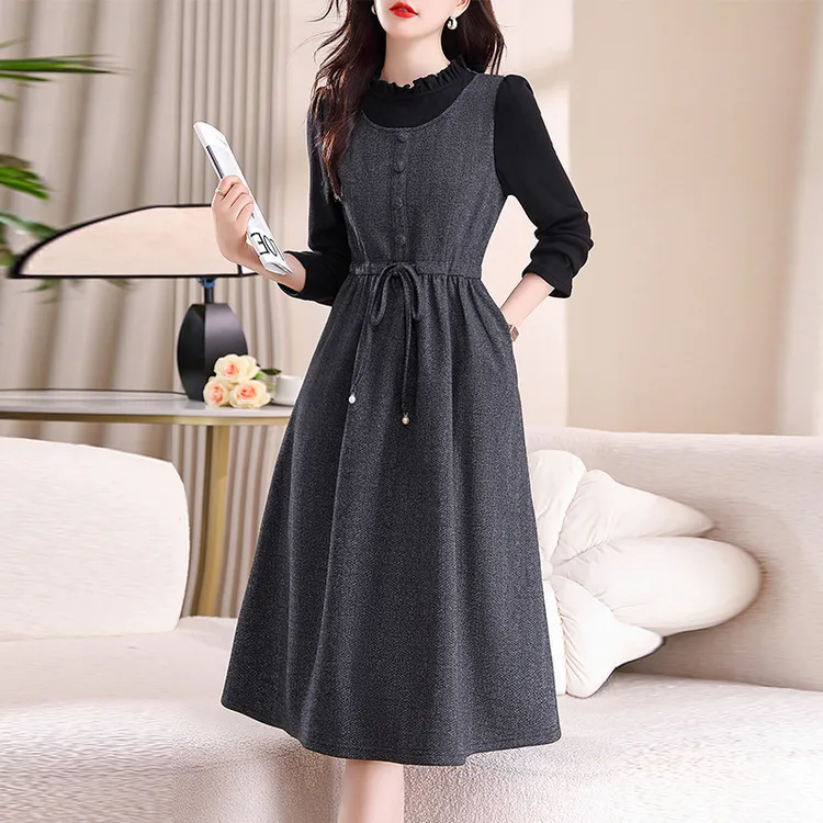 有口袋加厚抽绳有拉链毛织连衣裙气质时尚显瘦秋冬中长款打底裙