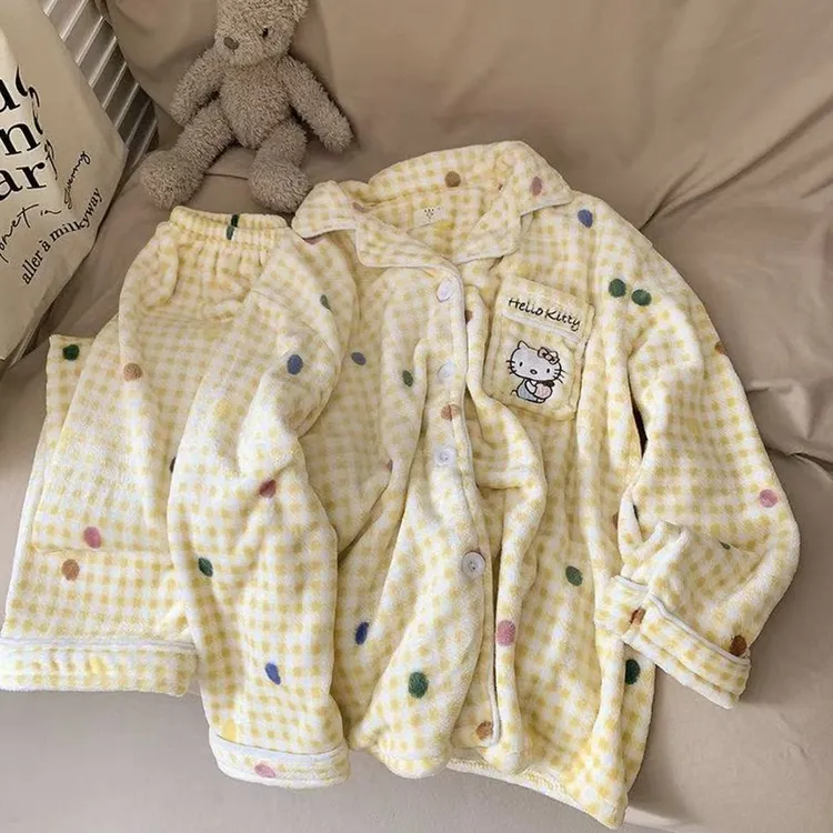 卡通黄色波点kitty法兰绒睡衣女秋冬加厚保暖翻领休闲家居服套装