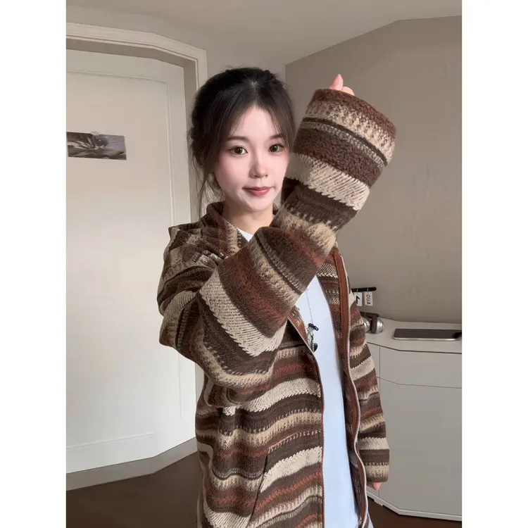 古着vintage条纹卫衣男女秋冬美式复古毛上衣宽松系休闲帽衫外套