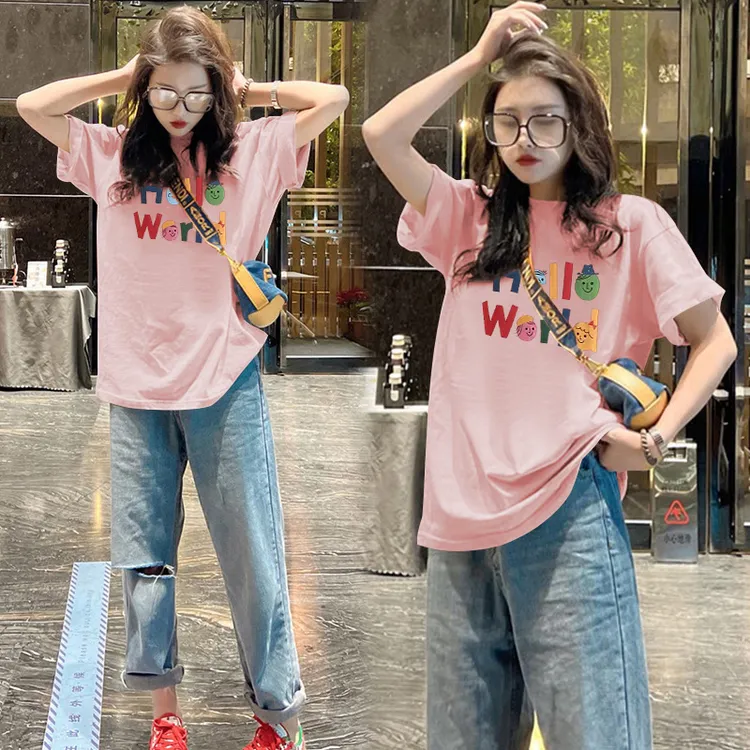 欧货粉色字母印花短袖t恤女2025新款爆款宽松纯棉遮臀慵懒风上衣