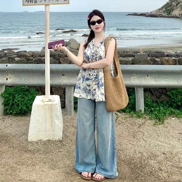 2025秋季新款覆古蓝阔腿牛仔女宽松显瘦百搭直筒象腿大裤扫地裤子