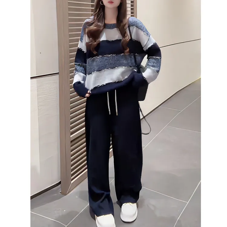 欧货休闲运动套装女春秋2025年韩版圆领撞色条纹毛衣女两件套显瘦