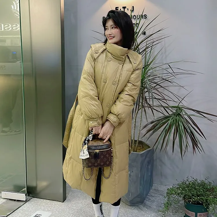 2025冬季新款韩版白鸭绒羽绒服女女装中长款收腰腰带款冬装外套