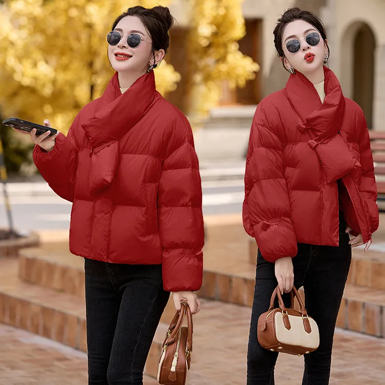 羽绒服女装短款小个子2025冬季新款宽松百搭围巾领加厚白鸭绒外套