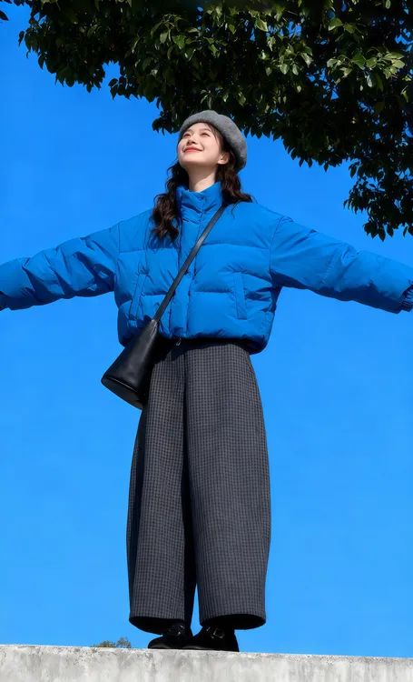 【蓝河】法式高级感气质加厚保暖宽松孔雀蓝棉服格子长裤冬新款套装