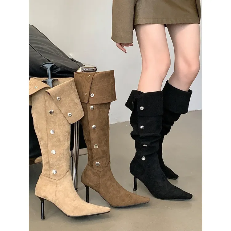 2025西部靴一鞋三穿尖头细跟高跟过膝长靴女秋季绒面堆堆靴显瘦