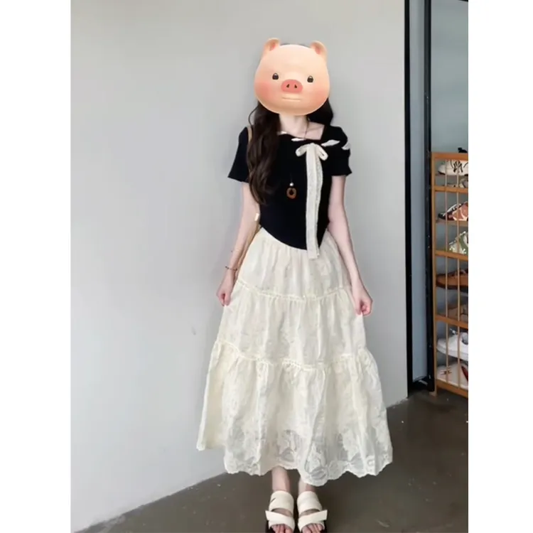 甜辣妹斜肩系带短袖T恤气质蕾丝半身长裙女2025夏季新款时尚套装