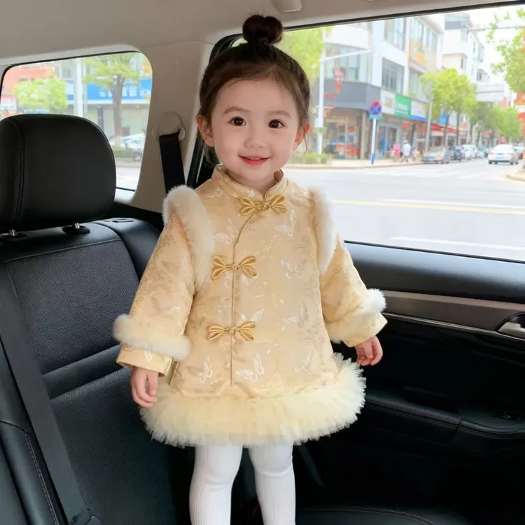 汉服女童冬季冬装加绒中国新年旗袍新款儿童宝宝过年加厚拜年唐装