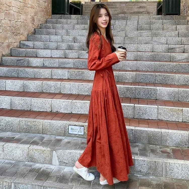 2025年新款高个子春秋超长款连衣裙女脚踝气质大码女装拖地长裙子