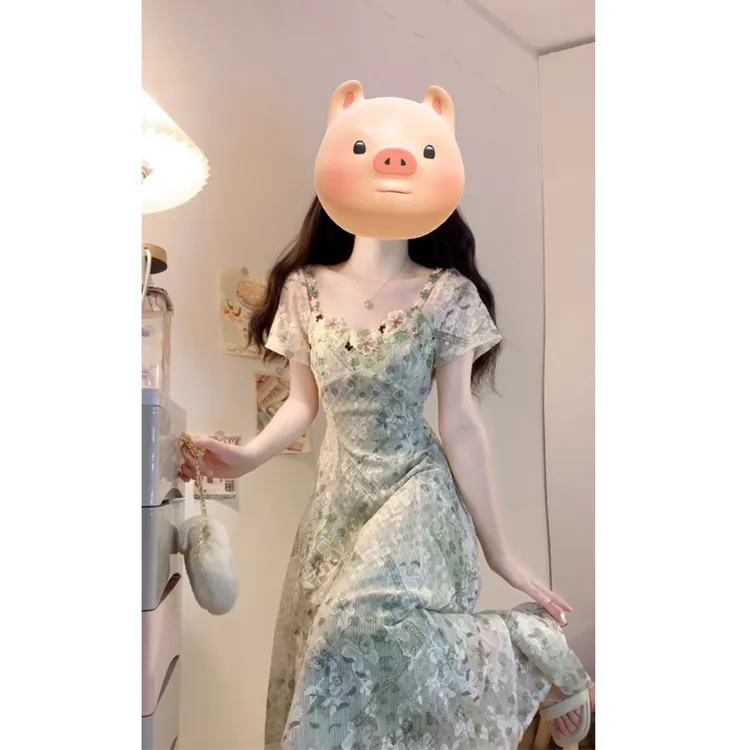 大码【绿野仙踪】夏季新款法式度假风绿色碎花连衣裙显瘦气质长裙仙