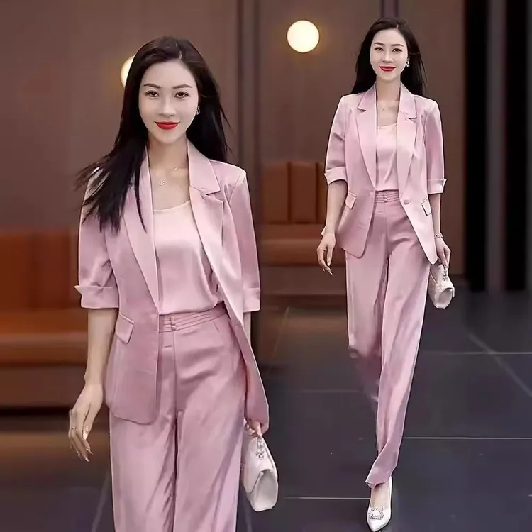 西装新款套装女夏季轻奢高级感垂感薄款短袖外套阔腿裤职业三件套