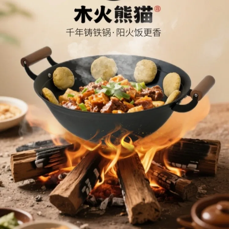 木火熊猫铸铁锅炒锅生铁锅柴火灶炒菜精选厚底家用加厚老式加深