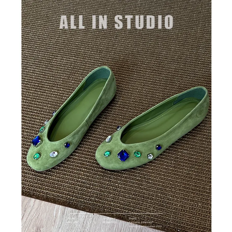 软羊皮水钻法式浅口一脚蹬纯色时尚休闲百搭通勤单鞋女平底鞋D817