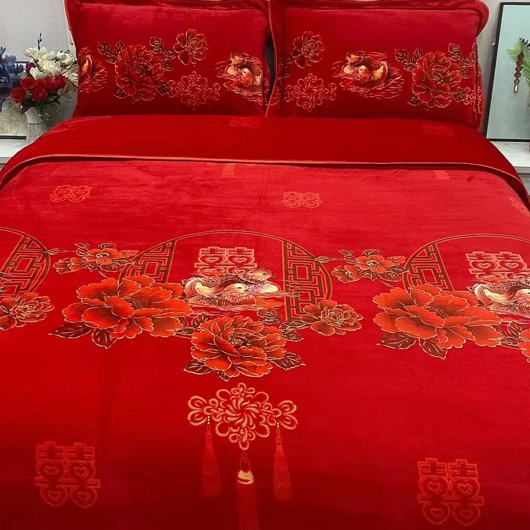 （新款活动中）高克重牛奶绒四件套加厚双面加绒大红婚庆双面绒床品