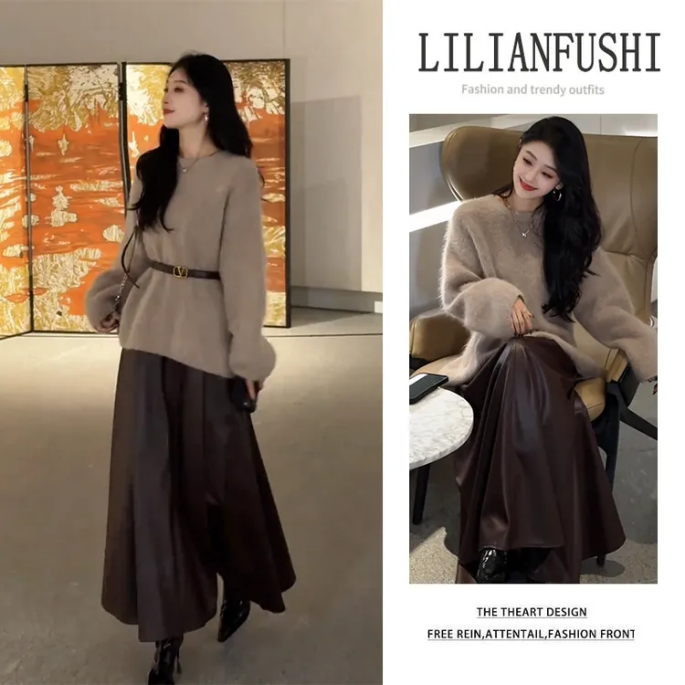 【爆款套装】流行2025新款时尚洋气减龄韩版上衣半身裙两件套送腰带