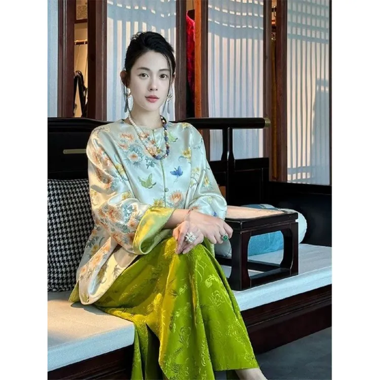 新中式女装清冷感禅意国风绿色上衣半身裙两件套装女早秋2024新款