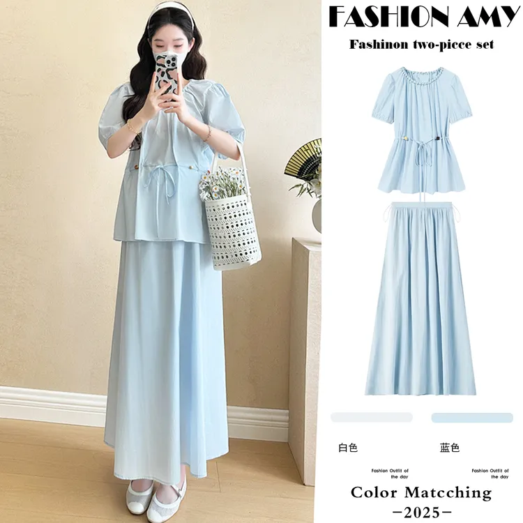 孕妇套装夏装新款时尚法式气质别致显瘦泡泡袖上衣休闲半身裙子潮