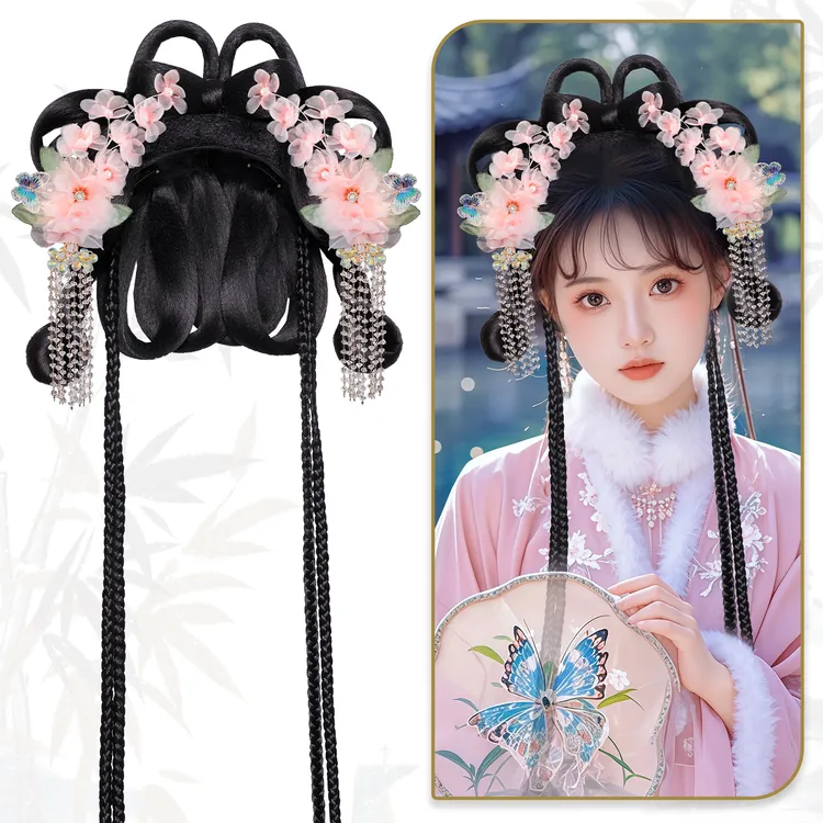 古风汉服假发包少女一体式盘发发髻百搭新年喜庆红色头饰套装造型