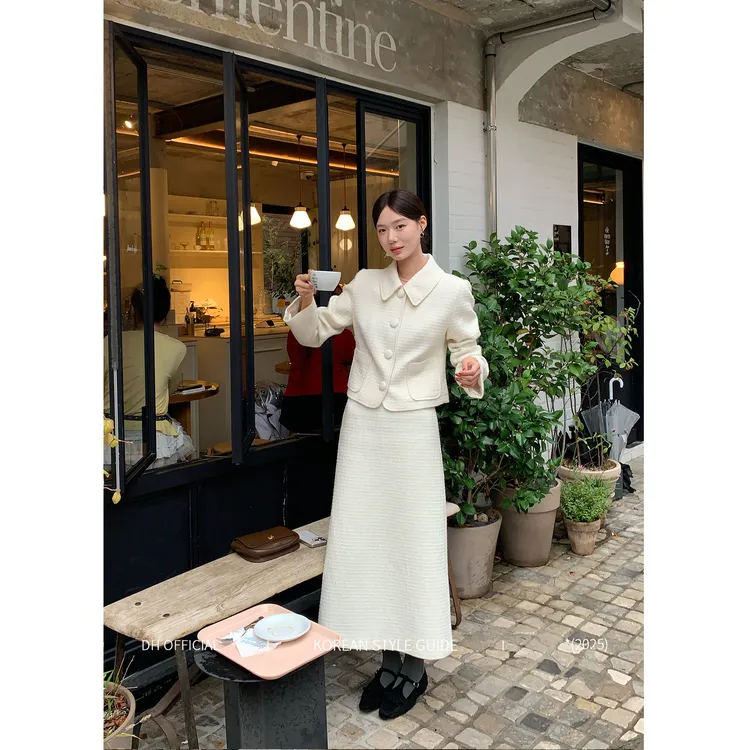 DH OFFICIAL大花【初恋女主 suit】名媛翻领小香风外套直筒半裙套装