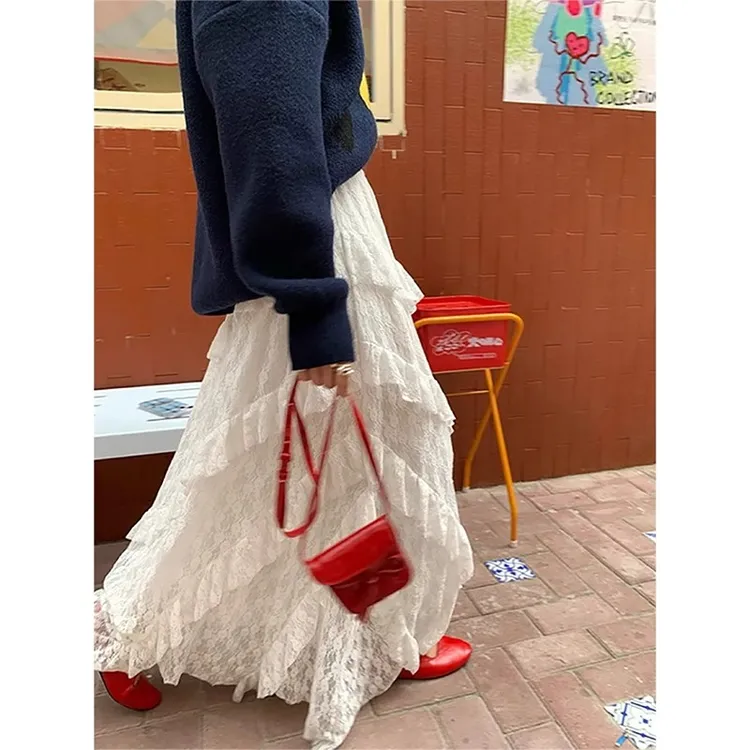 白色蕾丝蛋糕裙女秋冬2025新款气质仙女a字半身裙芭蕾法式蓬蓬裙