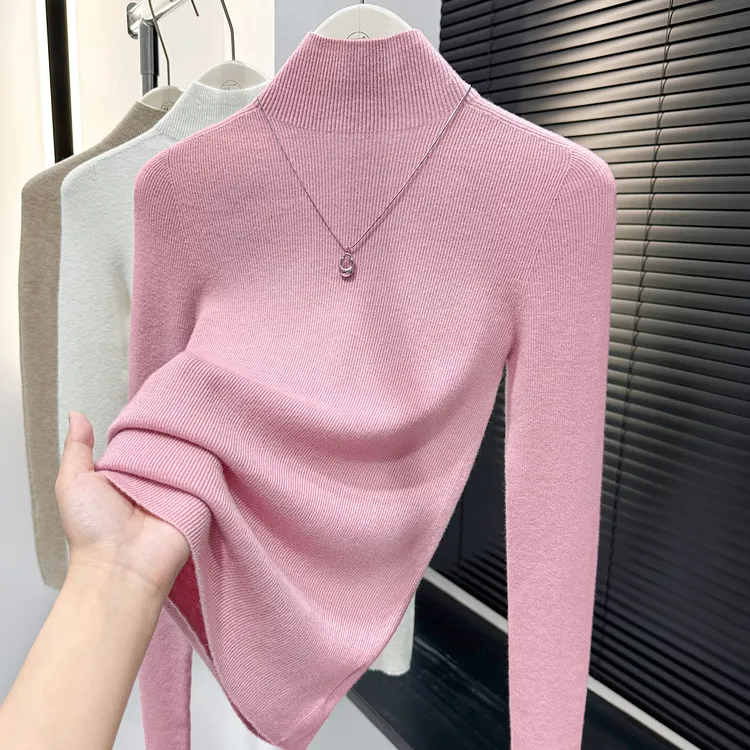 粉色优雅气质半高领长袖针织上衣女秋冬新款修身套头T恤纯色小衫