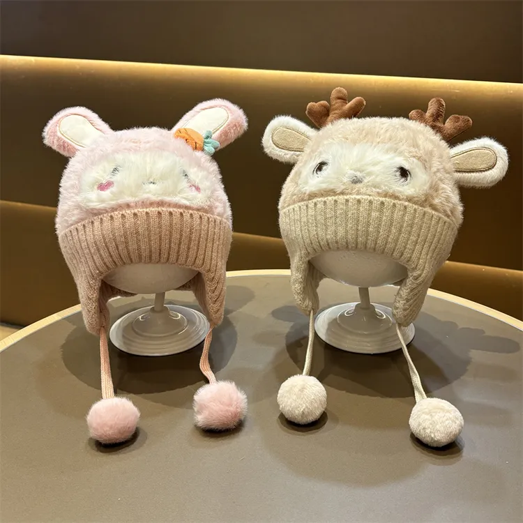 宝宝帽子秋冬季婴儿毛绒帽可爱超萌婴幼儿小月龄护耳帽女童针织帽