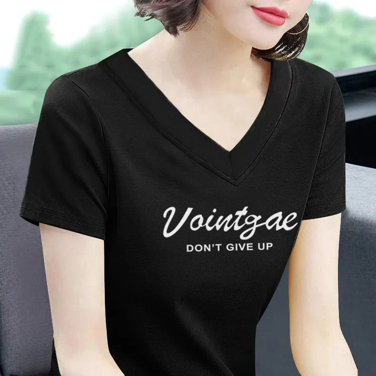 纯棉女士v领t恤2025新款夏季V领正肩体恤衫宽松洋气气质鸡心领上
