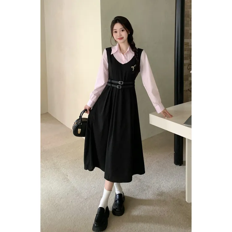 【颖颖专属清仓】早秋胖MM假两件拼接显瘦长款连衣裙