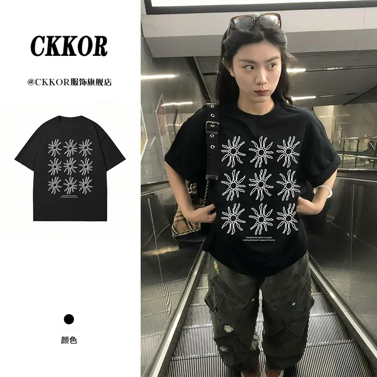 CKKOR夏季新款圆领短袖t恤女美式复古休闲风穿搭太阳印花小众上衣