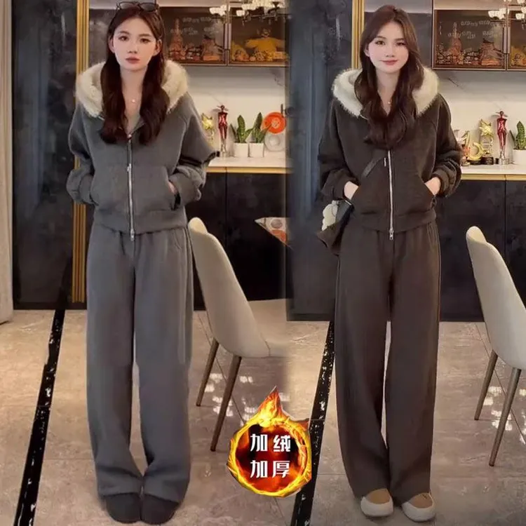 加绒加厚休闲运动套装女2025冬新款毛领连帽开衫卫衣阔腿裤两件套