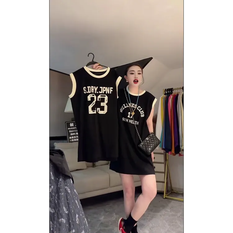 黑色无袖圆领夏季韩版套头撞色背心裙美式街头沙丘废土风